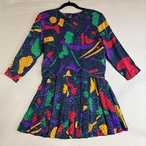 VTG 1980s Flora Kung 100% Silk Pleated Skirt Set Vibrant Colors Feminine Size 4